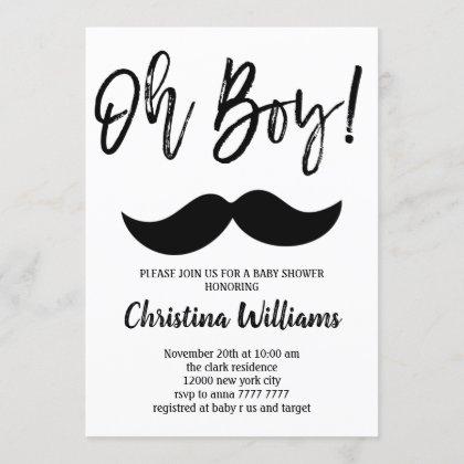 Mustache Oh Boy Baby Shower Minimal Modern Elegant Invitation