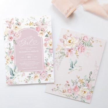 Muted Blush Stork Wildflower Baby Girl Shower