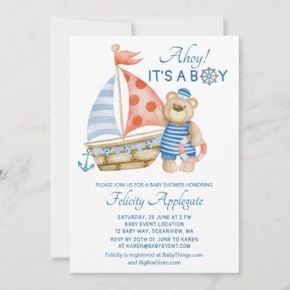 Nautical Ahoy Blue Boy Sailor Bear Baby Shower Invitation