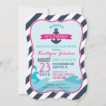 Nautical Anchor and Stripe Twin Girls Baby Shower Invitation