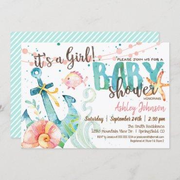 Nautical Anchor Baby Shower invitation, Girl Invitation