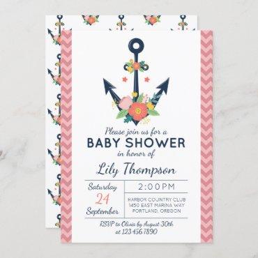 Nautical Anchor Floral Baby Girl Shower Invitation