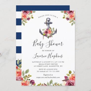 Nautical Anchor Floral Navy Stripes Baby Shower Invitation