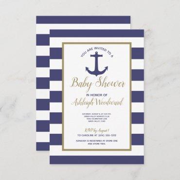 Nautical Anchor Navy Blue Stripes Boy Baby Shower Invitation