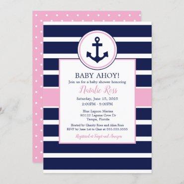Nautical Anchor Summer Ahoy! Girl Baby Shower Invitation