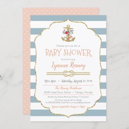Nautical Baby Shower Floral Anchor Invitation