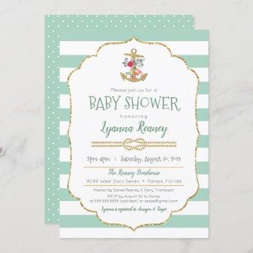 Nautical Baby Shower Floral Anchor Mint Green Invitation