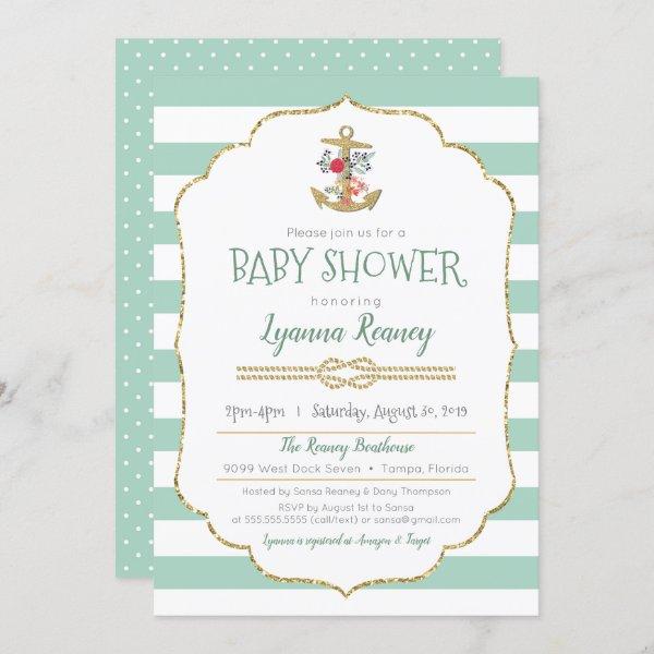 Nautical Baby Shower Floral Anchor Mint Green