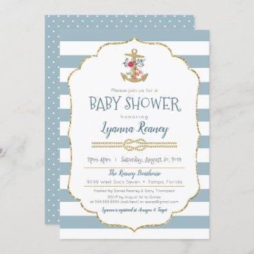 Nautical Baby Shower Floral Anchor Navy Blue Invitation