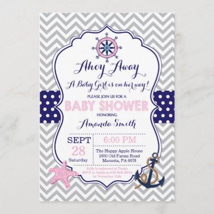 Nautical Baby Shower Invitation Navy Pink Gray