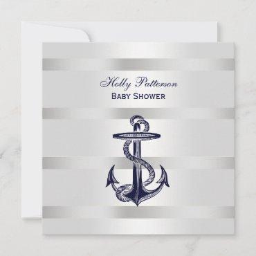 Nautical Blue Anchor Silver Wt BG SQ Baby Shower Invitation