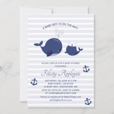 Nautical Blue Whales Anchors Boy Baby Shower Invitation