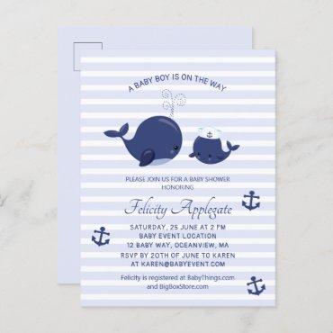 Nautical Blue Whales Anchors Boy Baby Shower Invitation Postcard
