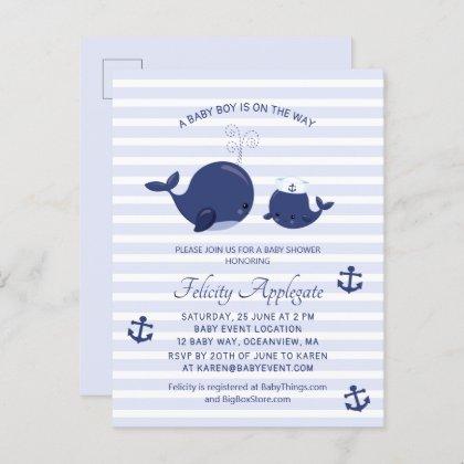 Nautical Blue Whales Anchors Boy Baby Shower Invitation Postcard