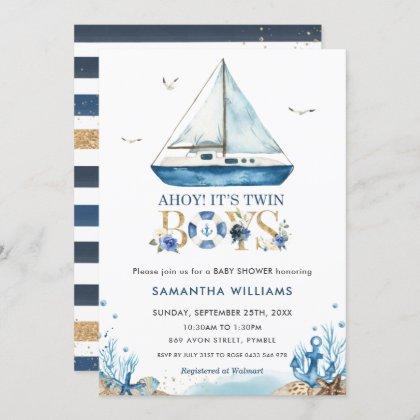 Nautical Boat Ahoy It's Twin Boys Baby Shower  Invitation