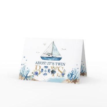 Nautical Boat Ahoy It's Twins Boys Baby Shower Thank You Card