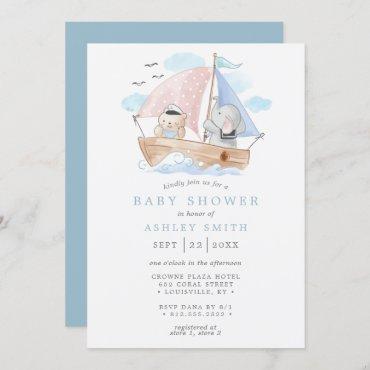 Nautical Elephant Bear Watercolor Boat Baby Shower Invitation