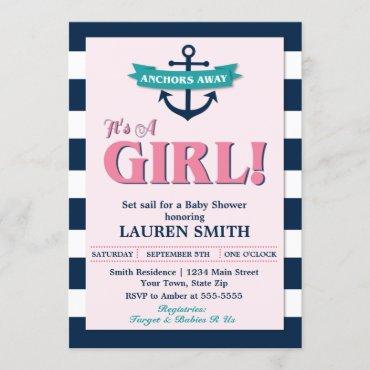 Nautical Girl Anchor Baby Shower Invitation Card