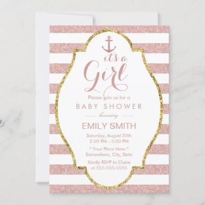 Nautical Girl Baby Shower Rose Gold Stripes Invitation