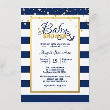 Nautical Gold Navy Blue White Stripes Baby Shower Invitation