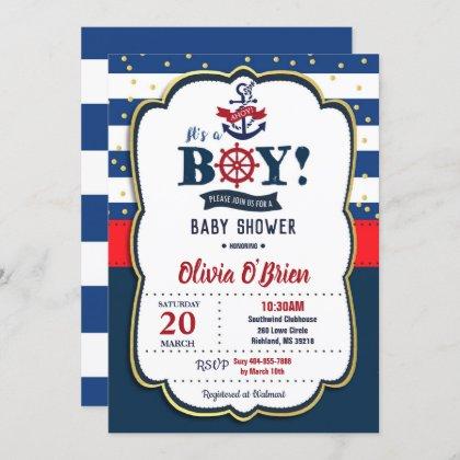 Nautical It's a Boy Red and Navy Blue Baby Shower Invitation
