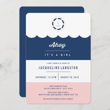 Nautical Navy Ahoy It's A Girl Baby Shower Invite
