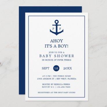 Nautical Navy Blue Anchor Monogram Boy Baby Shower Invitation