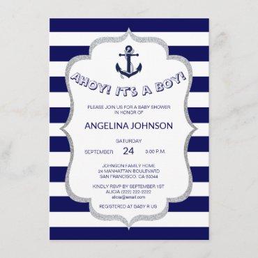 Nautical Navy Blue White Stripes BABY SHOWER Invitation