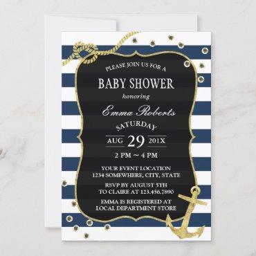 Nautical Navy Stripes Gold Anchor Baby Shower Invitation