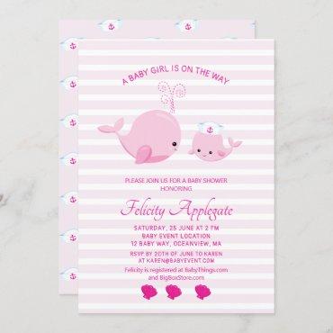 Nautical Pink Whales Girl Baby Shower Invitation