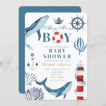 Navy Ahoy It’s a boy Sailor Whale Sea Baby Shower