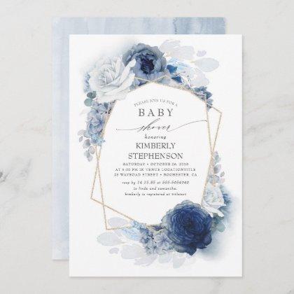 Navy and Dusty Blue Floral Modern Baby Shower Invitation