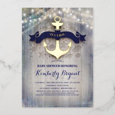 Navy Blue and Gold Anchor Rustic Beach Baby Shower Foil Invitation