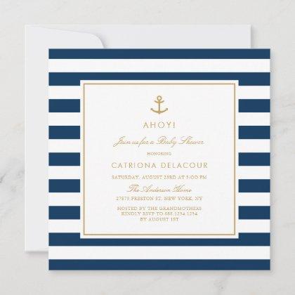 Navy Blue and Gold Nautical Stripes Baby Shower Invitation