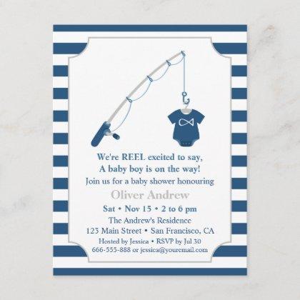 Navy Blue and Grey Fishing Themed Baby Shower Invitation