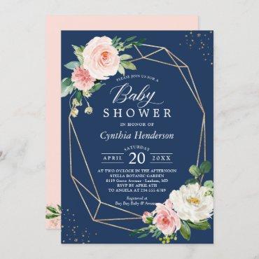 Navy Blue Blush Floral Gold Geometric Baby Shower Invitation