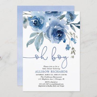 Navy blue floral elegant boy baby shower invitation