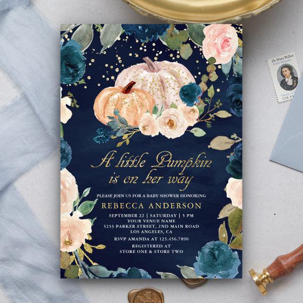 Navy Blue Gold Peach Floral Pumpkin
