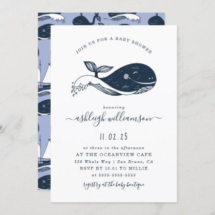 Navy Blue Nautical Whale Baby Shower Invitation