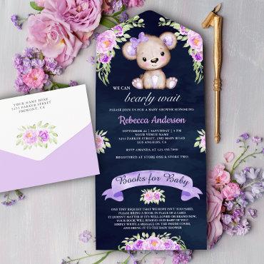 Navy Blue Purple Floral Teddy Bear Baby Shower All In One