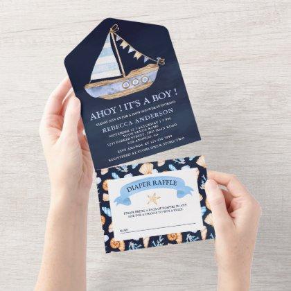 Navy Blue Rustic Nautical Sailboat Baby Shower All In One Invitation