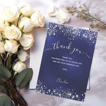 Navy blue silver glitter sparkles script thank you card