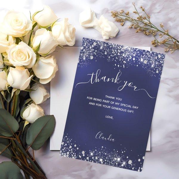 Navy blue silver glitter sparkles script thank you card