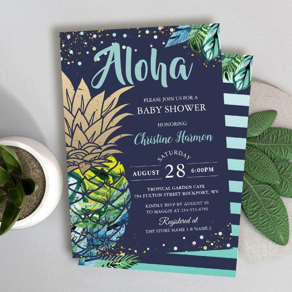 Navy Blue Tropical Pineapple Beach