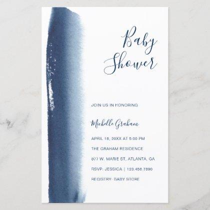Navy Blue Watercolor Boy Baby Shower Invitation