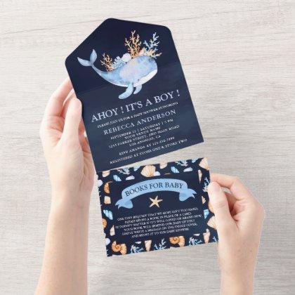 Navy Blue Watercolor Nautical Whale Baby Shower All In One Invitation