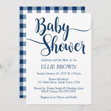 Navy Buffalo Plaid Simple Baby Shower Invitation
