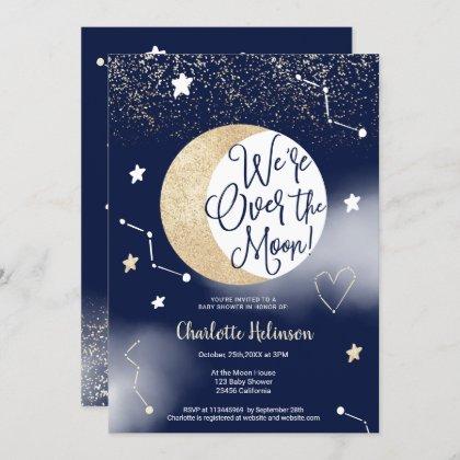 Navy gold glitter over the moon cool baby shower invitation