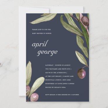 NAVY OLIVE WATERCOLOR FOLIAGE BABY SHOWER INVITE