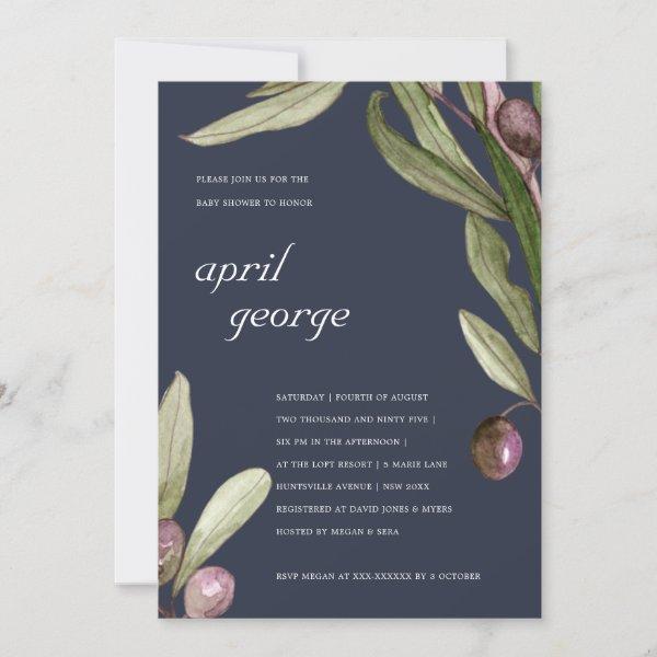 NAVY OLIVE WATERCOLOR FOLIAGE BABY SHOWER INVITE